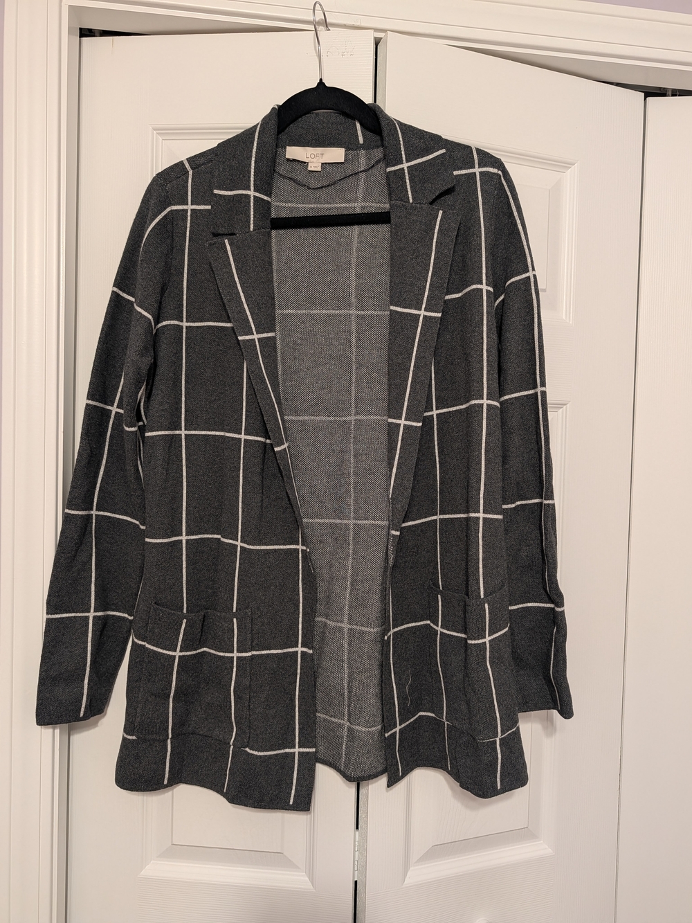 LOFT Women's Charcoal Gray Windowpane Open-Front Sweater Blazer